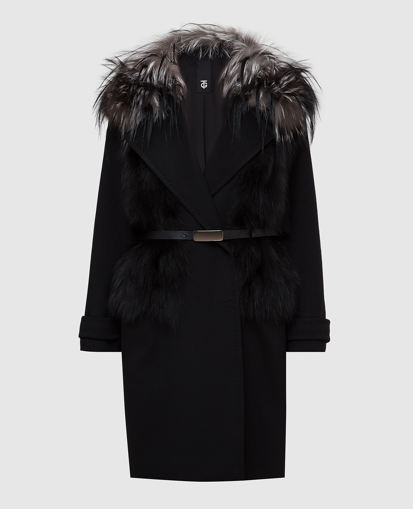 Black wool and cashmere coat with fox fur giuliana teso