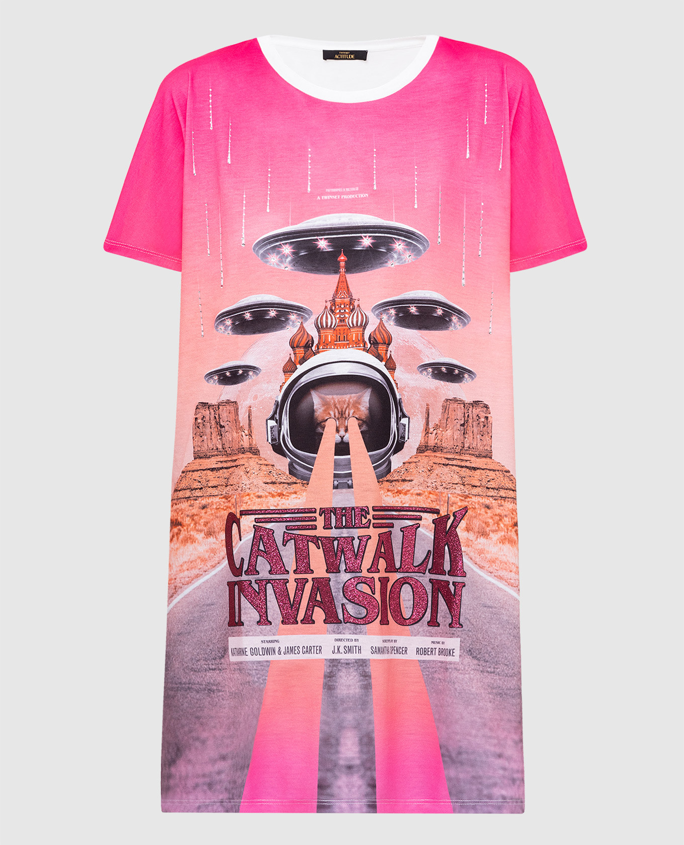 Long oversized t-shirt with print and crystals twinset actitude
