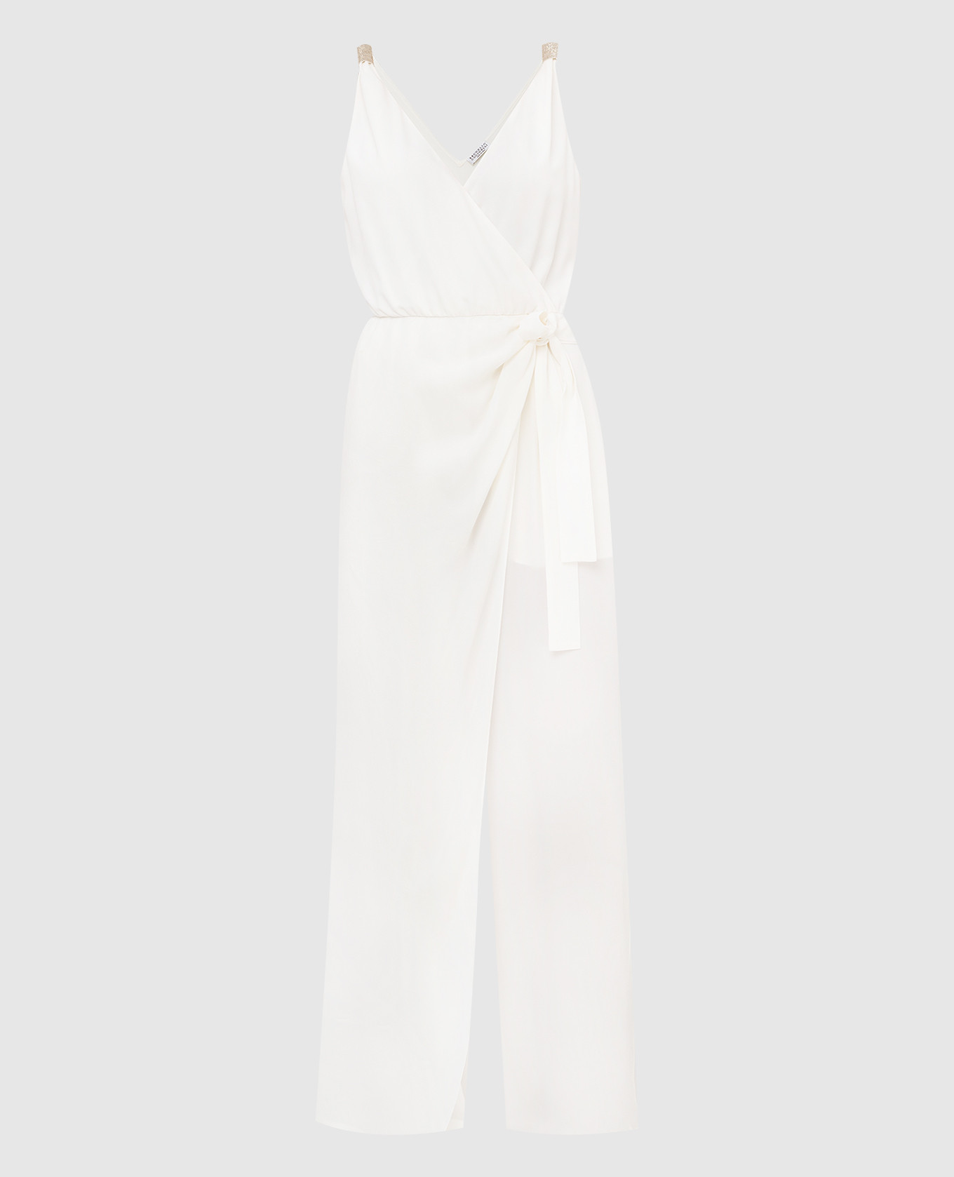 White silk jumpsuit with slit and chains brunello cucinelli