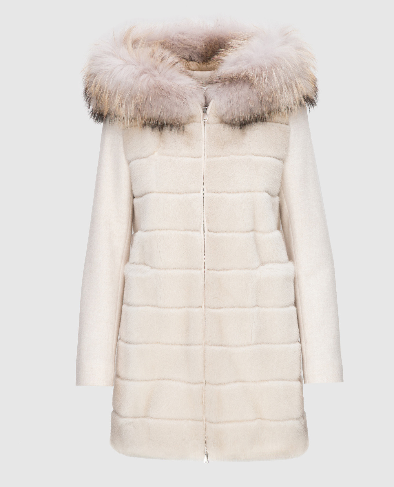 Light beige coat with raccoon fur