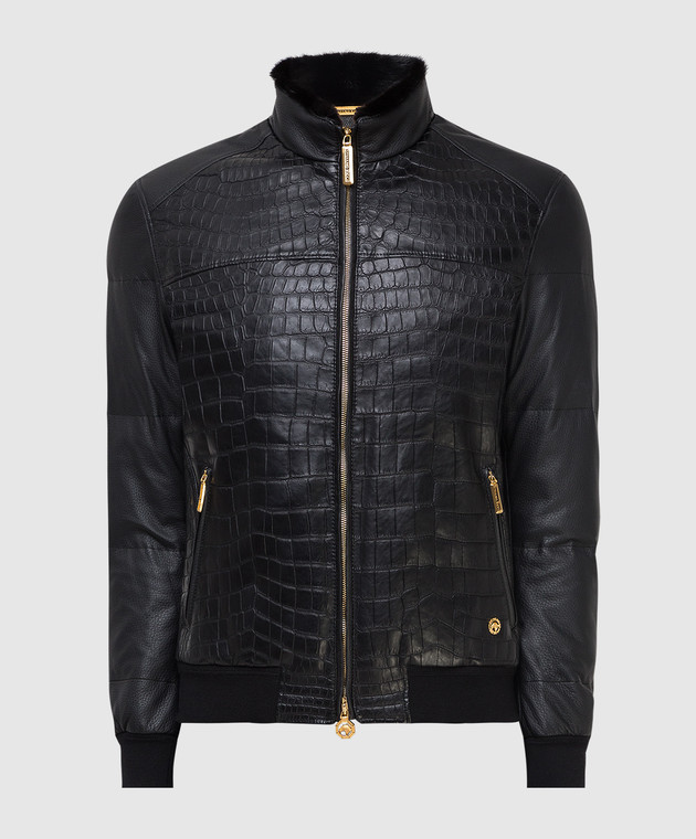 Stefano Ricci Black down jacket made of deer leather, crocodile