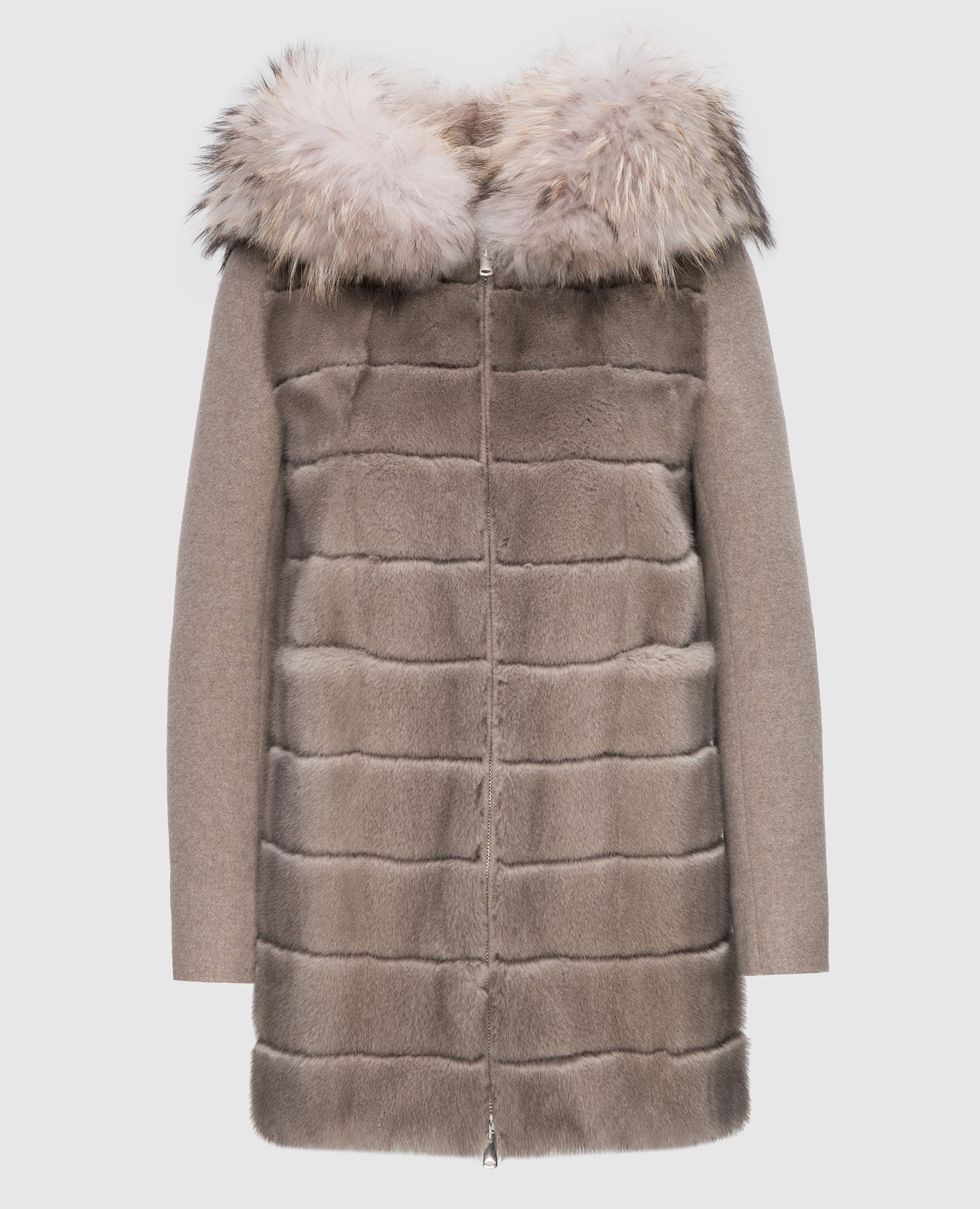 Beige coat with raccoon fur
