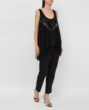 Twinset Black top with embroidery and fringes 211TT2622